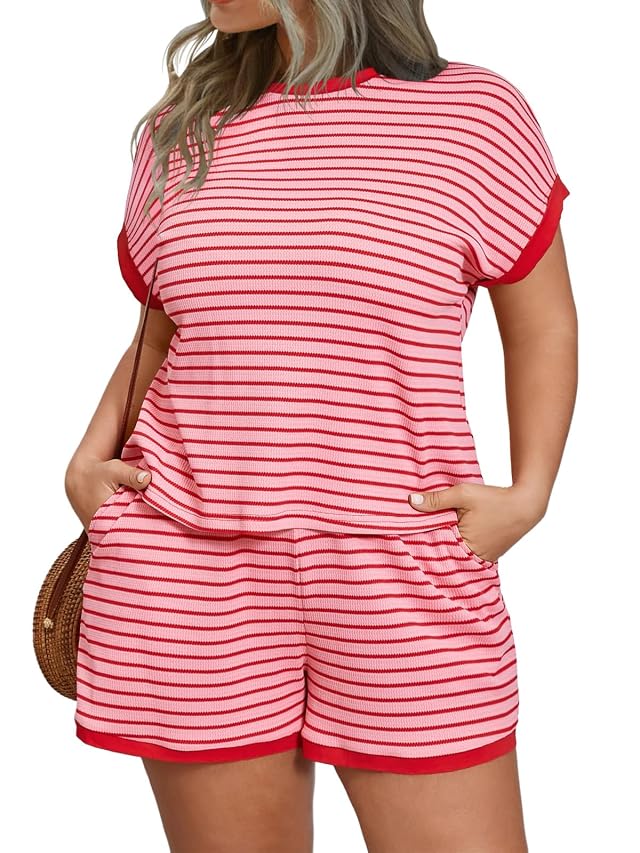 Beautife Womens Plus Size Lounge Set 2 Piece Outfits Stripe Short Sleeve Shirts Tops Shorts Summer Casual Loungewear