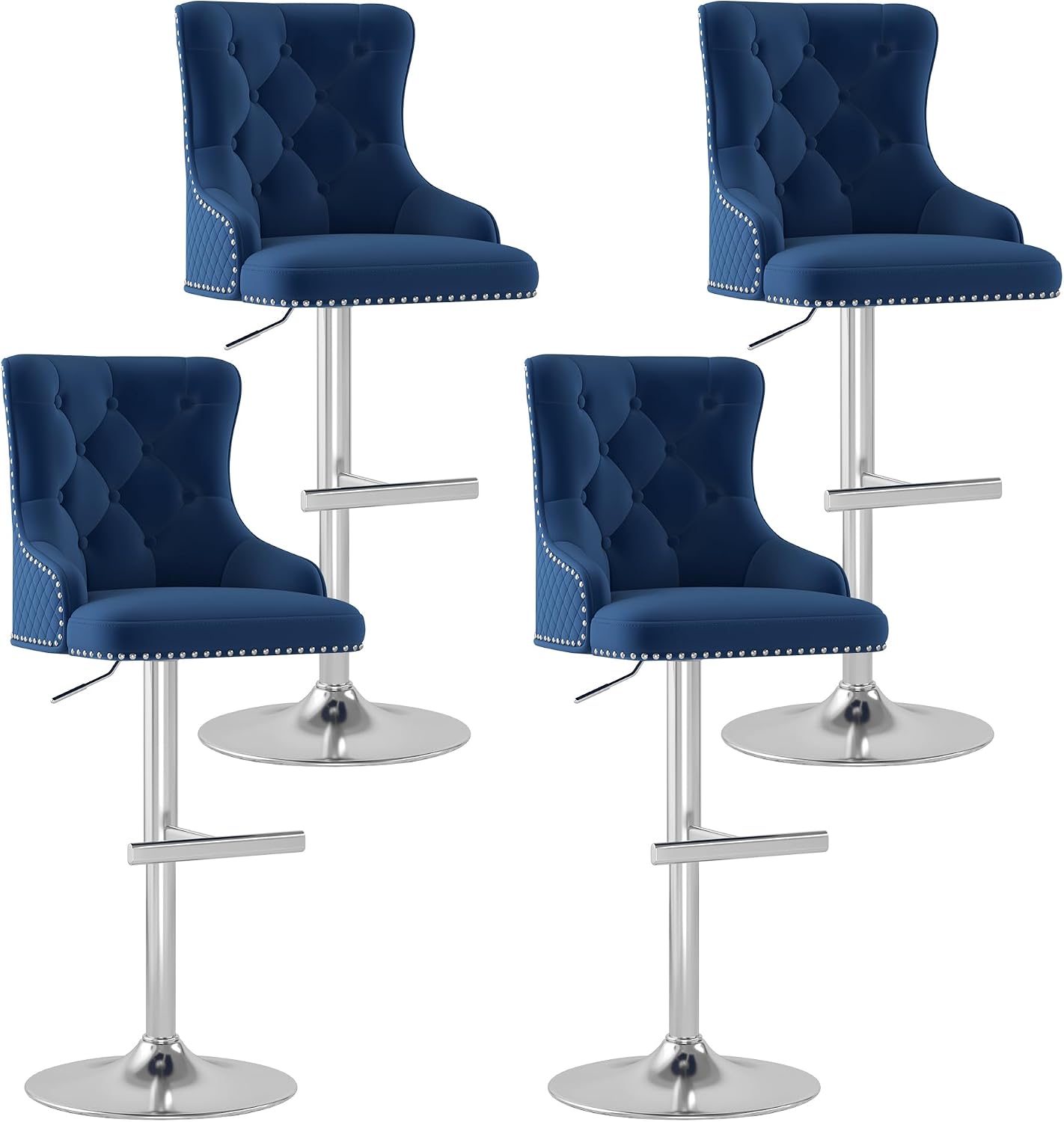 Velvet Barstools Set of 4, Height Adjustable Swivel Counter Barstools with Lion Head Pull Ring, Modern Upholstered High-Back Bar Stools with Silver Base T-Footrest, Blue