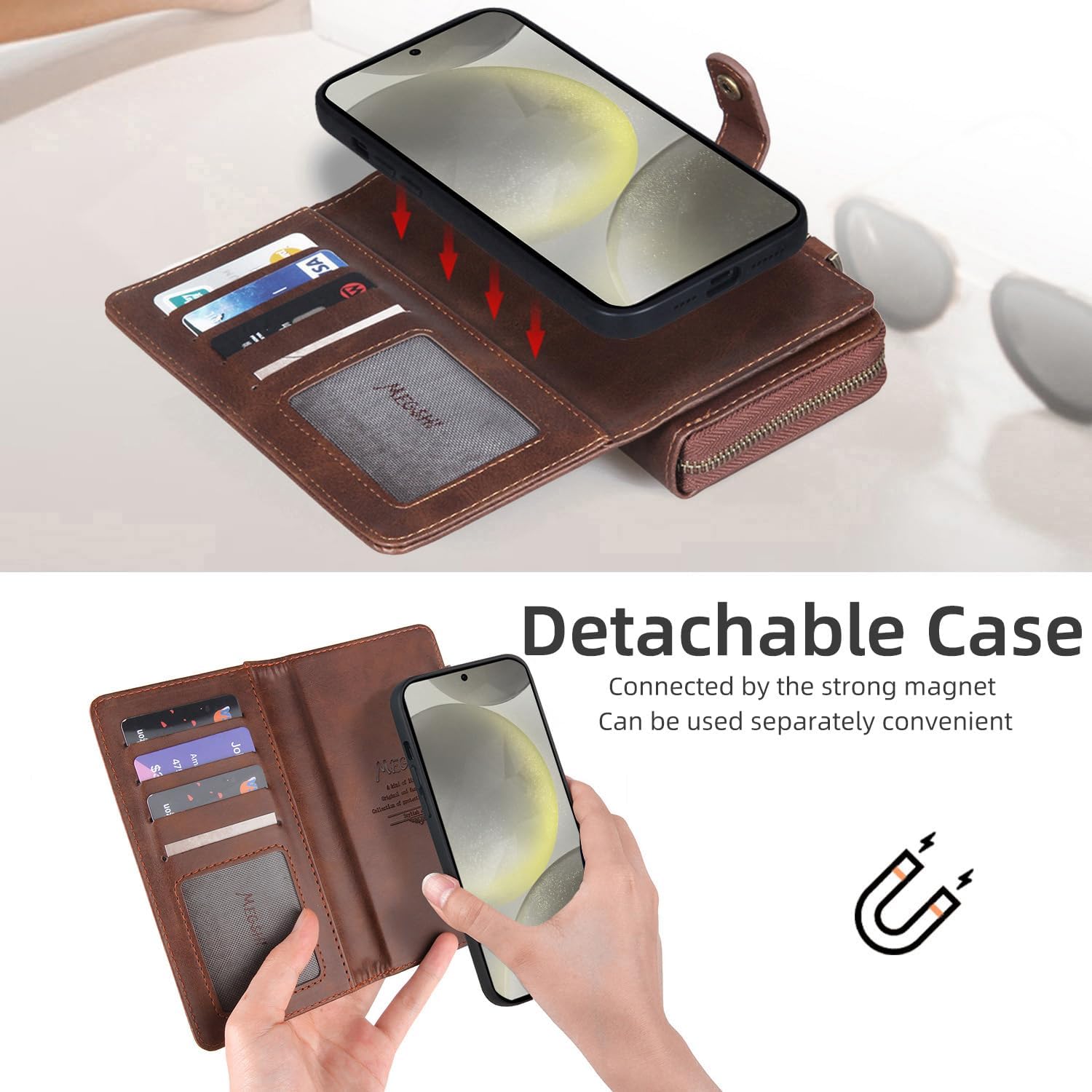Compatible with Samsung Galaxy S24 Plus S24+ 5G Wallet Case Crossbody Shoulder Strap Stand Leather Card Holder Multi-Function 2in 1 Detachable Magnetic Cell Phone Cover for S24plus 24S+S 24 24+ Brown
