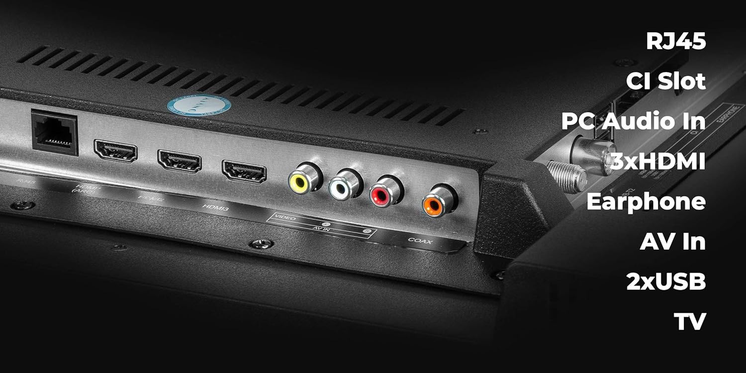 תקריב view of the KIANO Smart TV's rear connectivity ports including HDMI, USB, RJ45, CI slot, and AV inputs.