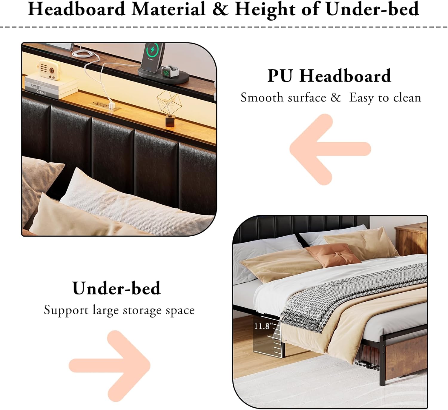 Full Metal Bed Frame with Storage Drawers and LED Headboard