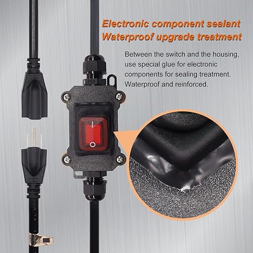 Miniatura 2 de weideer Cable de extensión con interruptor en línea de encendidoapagado IP67, impermeable, 20A, 250V, 16 AWG, 2 pies, 3 pines, enchufe de corriente,