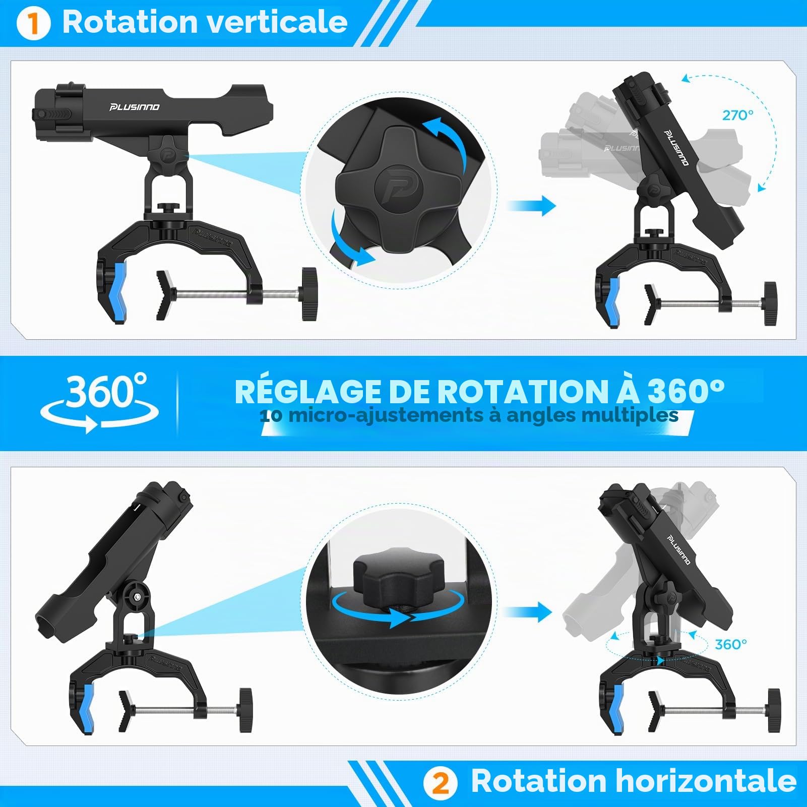 PLUSINNO Lot de 2 Supports de Canne à pêche pour Bateau, Support de Canne à pêche amélioré avec Pince élargie, Design innovant en Forme de V Double V, Convient pour la pêche en Bateau à Tube