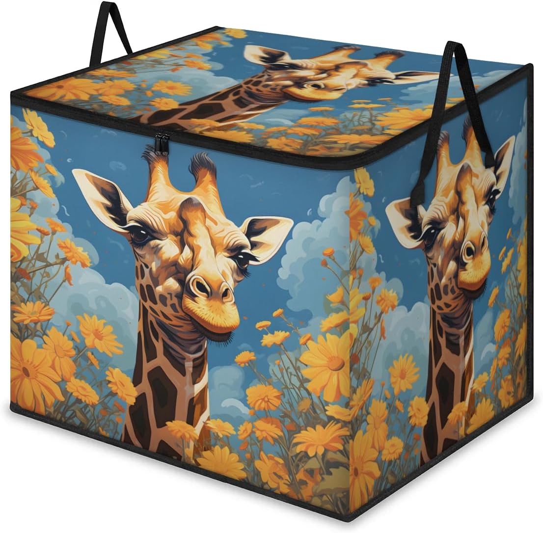 Honeybaby 214L Extra Large Comforter Storage Bag Pattern Giraffe Flower Storage Totes with Lids Waterproof Closet Organizer Folding Blanket Storage Bags for Clothes Bedding Pillows