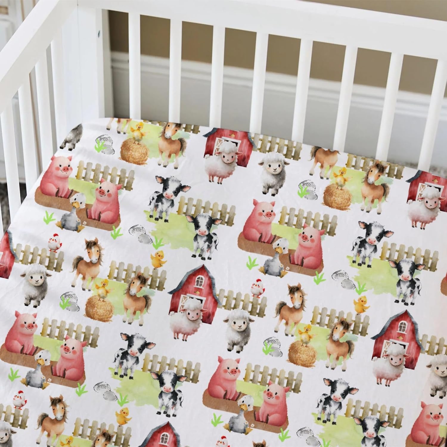 HawSkgFub Farm Animal Life Barn Fitted Standard Crib Sheet for Baby Boy Girl, Neutral Cow Horse Pig Sheep Toddler Mattress Cover, Soft Breathable Stretchy Nursery Bed Sheets Decor Kids Gift 52" x 28"