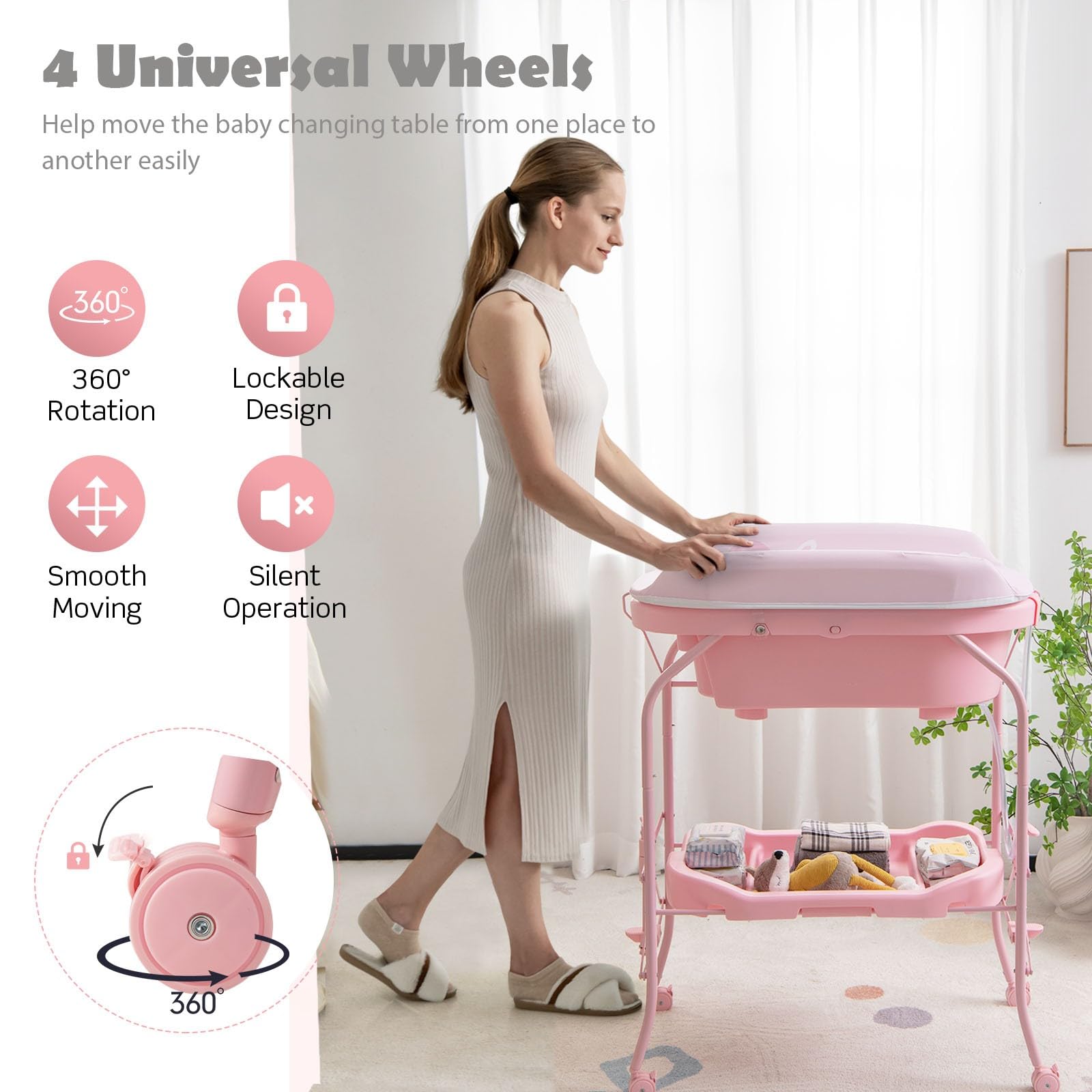 LIFEZEAL Vaschetta Bagnetto Neonato, 0-12 Mesi, con Fasciatoio, Vaschetta Bagnetto Neonato Pieghevole, con Materassino Fasciatoio, Ripiano Portaoggetti e Ruote, Portata 35 kg (rosa)