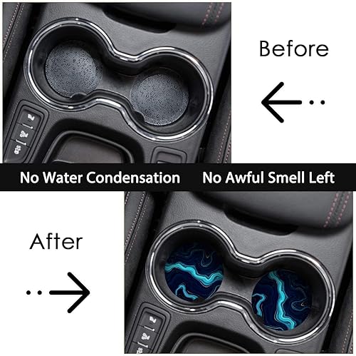 Vista 4 de Britimes Posavasos absorbentes para automóvil para bebidas, paquete de 2 portavasos, piedra de cerámica de 2.56 pulgadas y base de corcho Azul