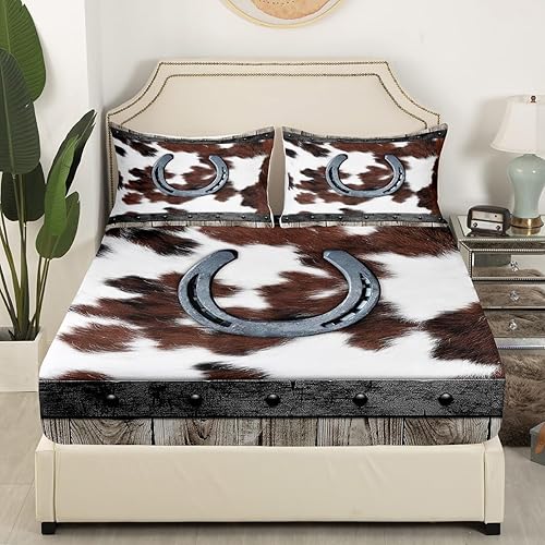 Miniatura 3 de Manfei Juego de sábanas de herradura tamaño matrimonial, juego de sábanas con estampado de piel de vaca marrón y blanco, 4 piezas con sábana bajera