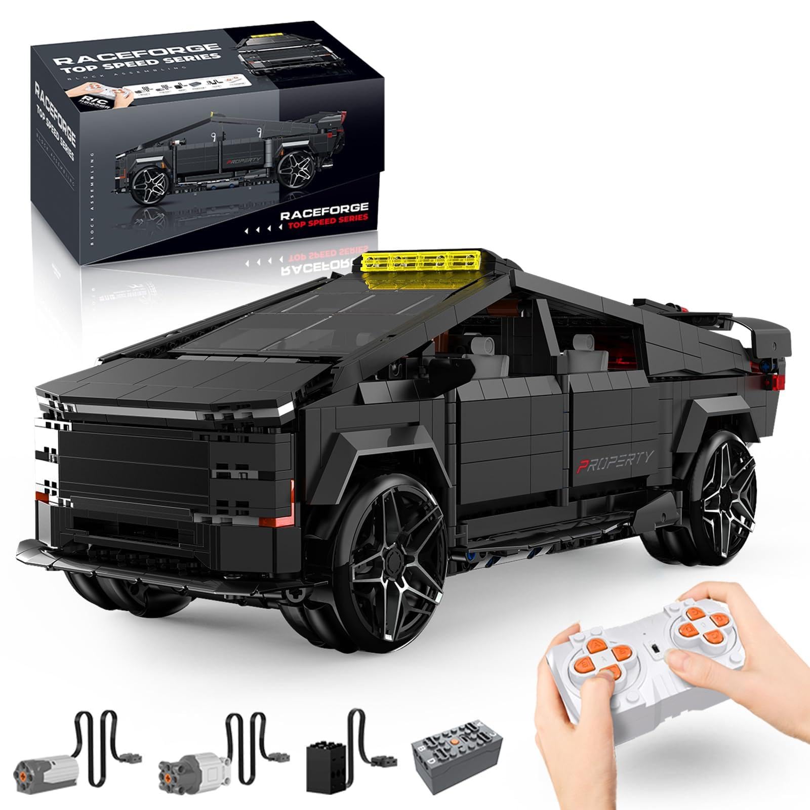 Remote Control Building Kit, Futuristic Cyber Truck Model, Black Electric RC Vehicle with Omniwheel Drift, 1572 Pieces Construction Set for Adults, 14+