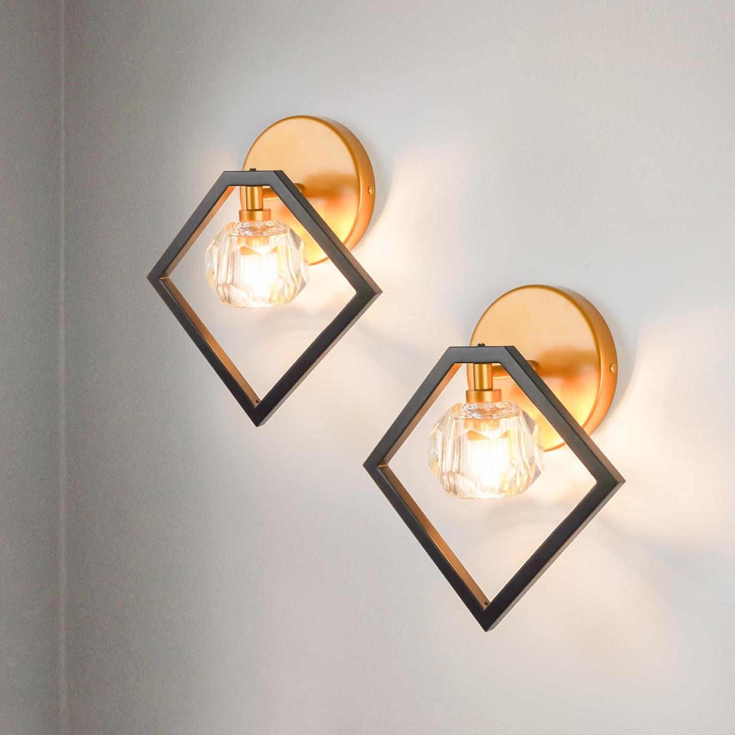 crystal wall sconce lighting set of 2, 1-light k9 crystal gold&black modern vanity lights wall lamp, bathroom light fixtures for mirror kitchen living room bedroom hallway cabinet porch gold+black(2 sets)