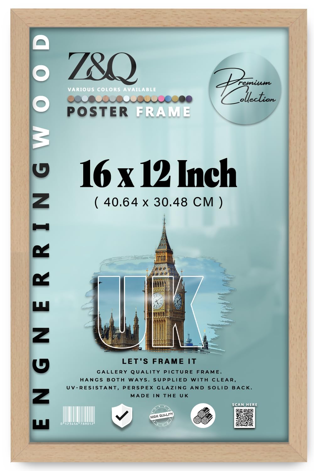 Z&Q | Sleek MDF Poster Frame (40.64 x 30.48 CM) Engineered Wood, Elegant Home Display 16" x 12" Sturdy Wall Hanging, 406.4 x 304.8 mm [ Beech ]