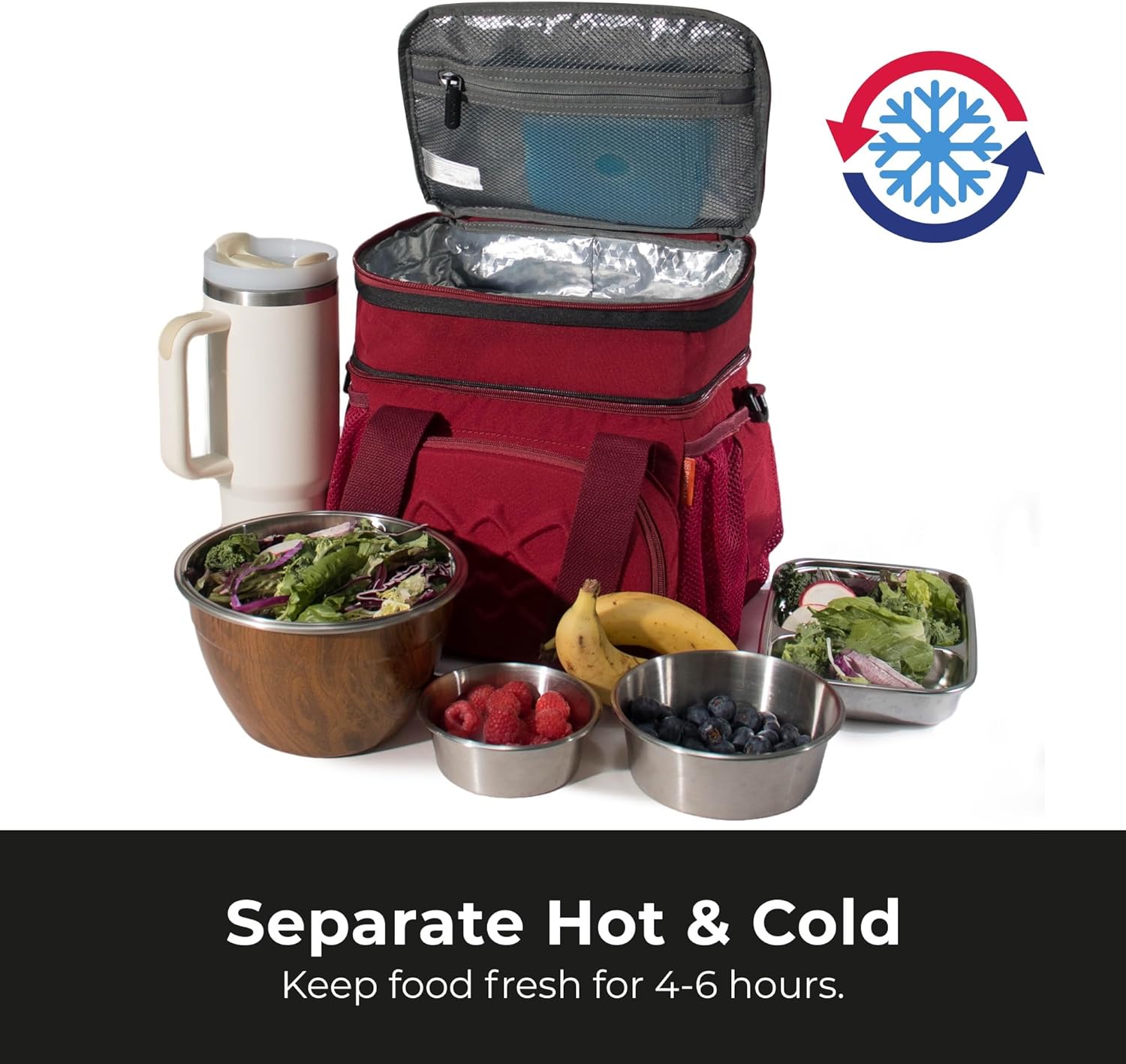 Dual Compartment Lunch Bag, 12L Insulated Leakproof Lunch Box, 13 Cans Capacity (Burgundy)