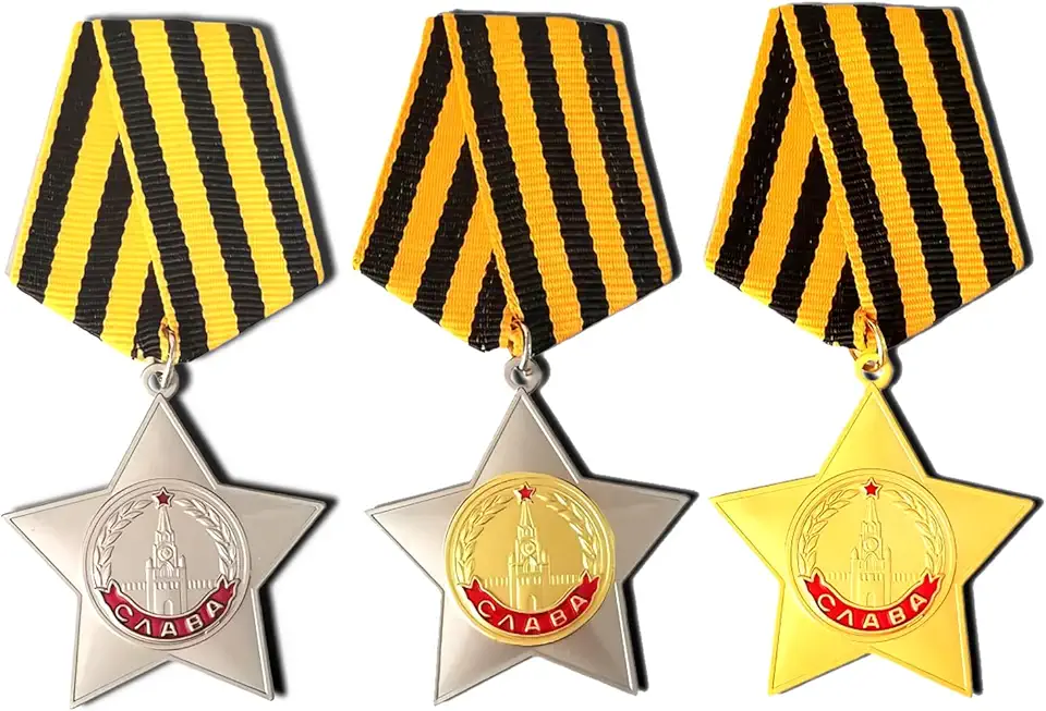 Ordem Soviética da Glória (3ª, 2ª, 1ª Classe) Conjunto Completo – Réplica do Prêmio Militar da Segunda Guerra Mundial da URSS