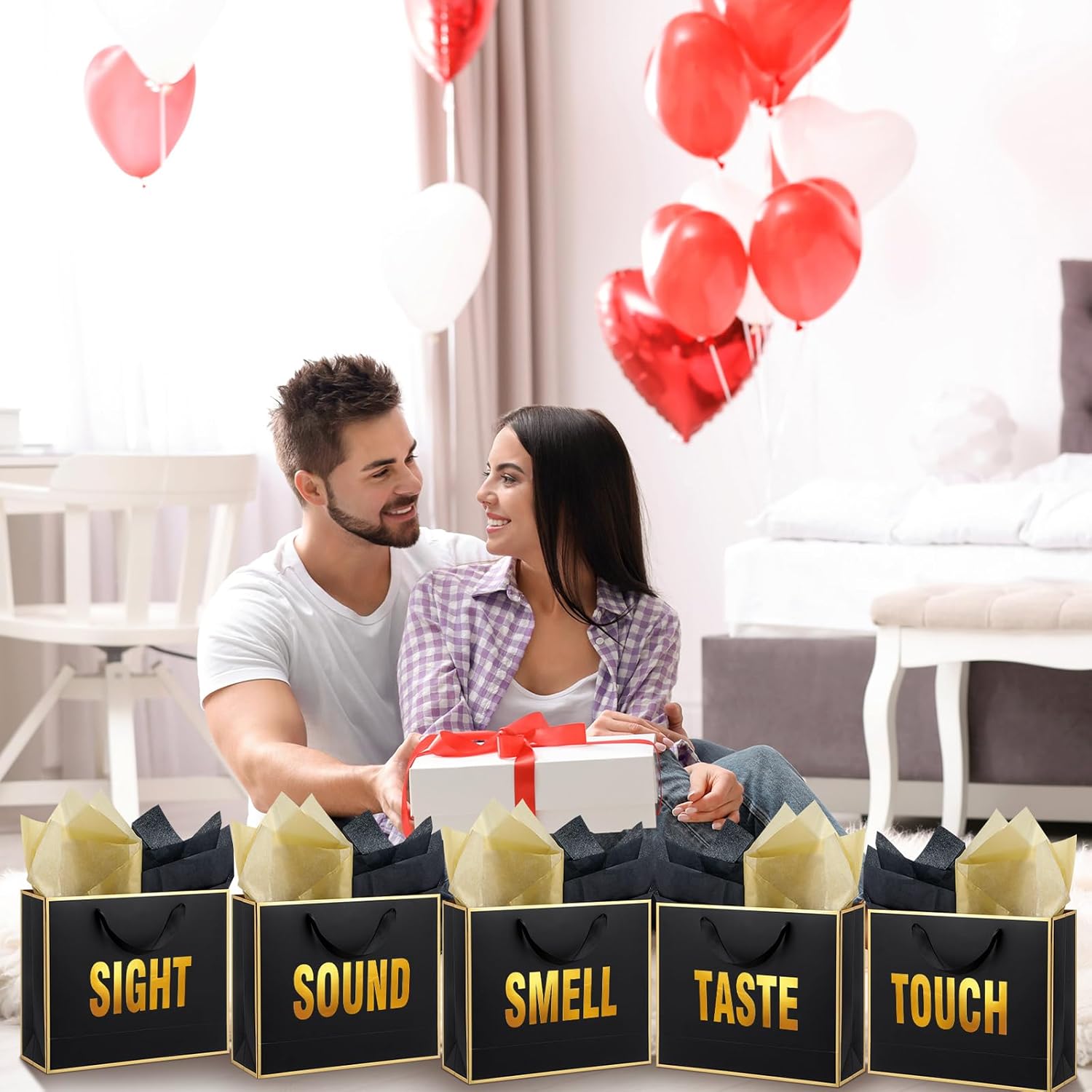 Kolldenn 5 Senses Gift Bags for Him Her Five Senses Gift Bag with Ribbon Handles and Tissue Paper Present Wrappings for Valentine Wedding Birthday Mothers Day(Black,11.8 x 10 x 4 Inch) - Image 5