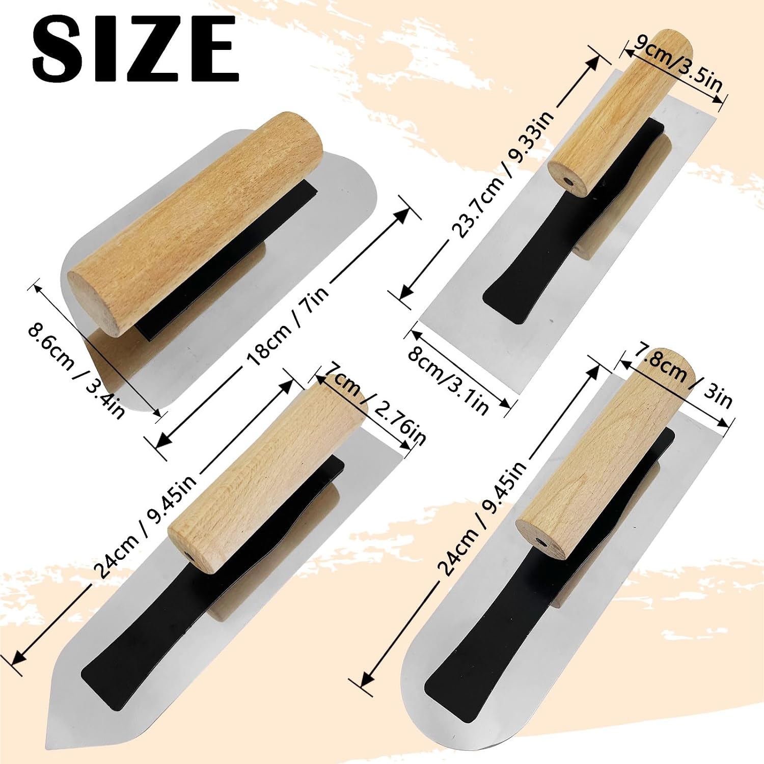 Plaster Finishing Trowel Set, 4 Pack Polished Stainless Steel Concrete Trowel with Wood Handle, 0.3mm Thickness Paint Plastering Hand Tool for Drywall Repairs and Spreading