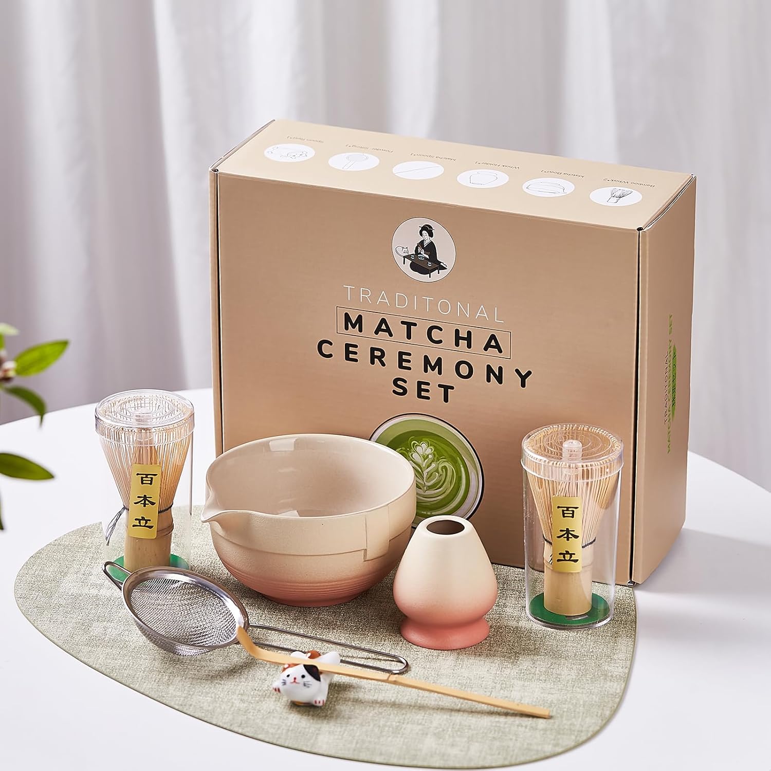 Matcha Whisk Set, Matcha Set Includes 2X Matcha Whisk, Matcha Bowl and Chasen Holder, Bamboo Scoop, Scoop Rest, Sifter - 7 Pcs Matcha Kit for Tea Ceremony, Gift for Matcha Lover (Yellow to Orange)