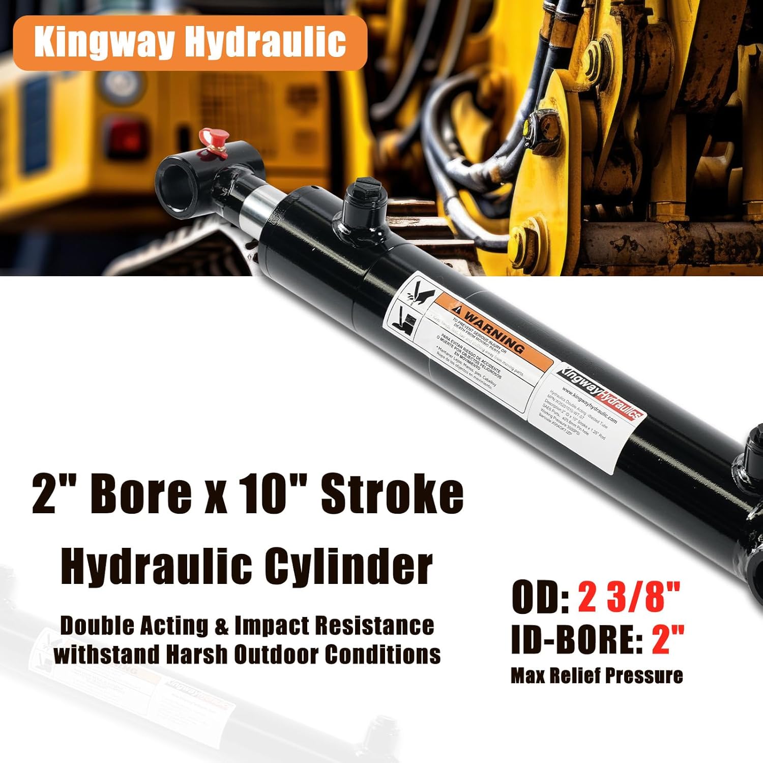 kingway hydraulic double acting hydraulic cylinder - cross tube hydraulic cylinder 2" bore, 10" stroke - 3000 psi, 8000 lbs push force, 4800 lbs pull force, sae#6 ports, 1" pin holes 2“x10"-wt
