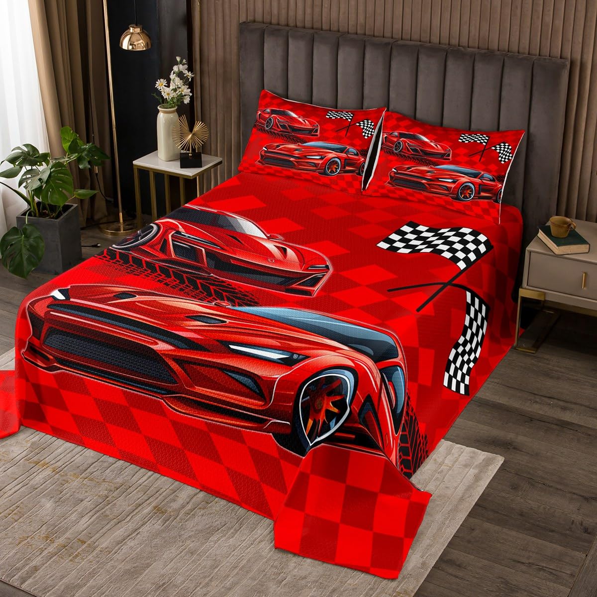 Cool Race Car Quilt Bedding Set Queen Size,Red Sports Cars Speed Race Bedspread Coverlet for Girls Teens,Racing Themed Red Checkered Soft Polyester Quilt Set, All Season