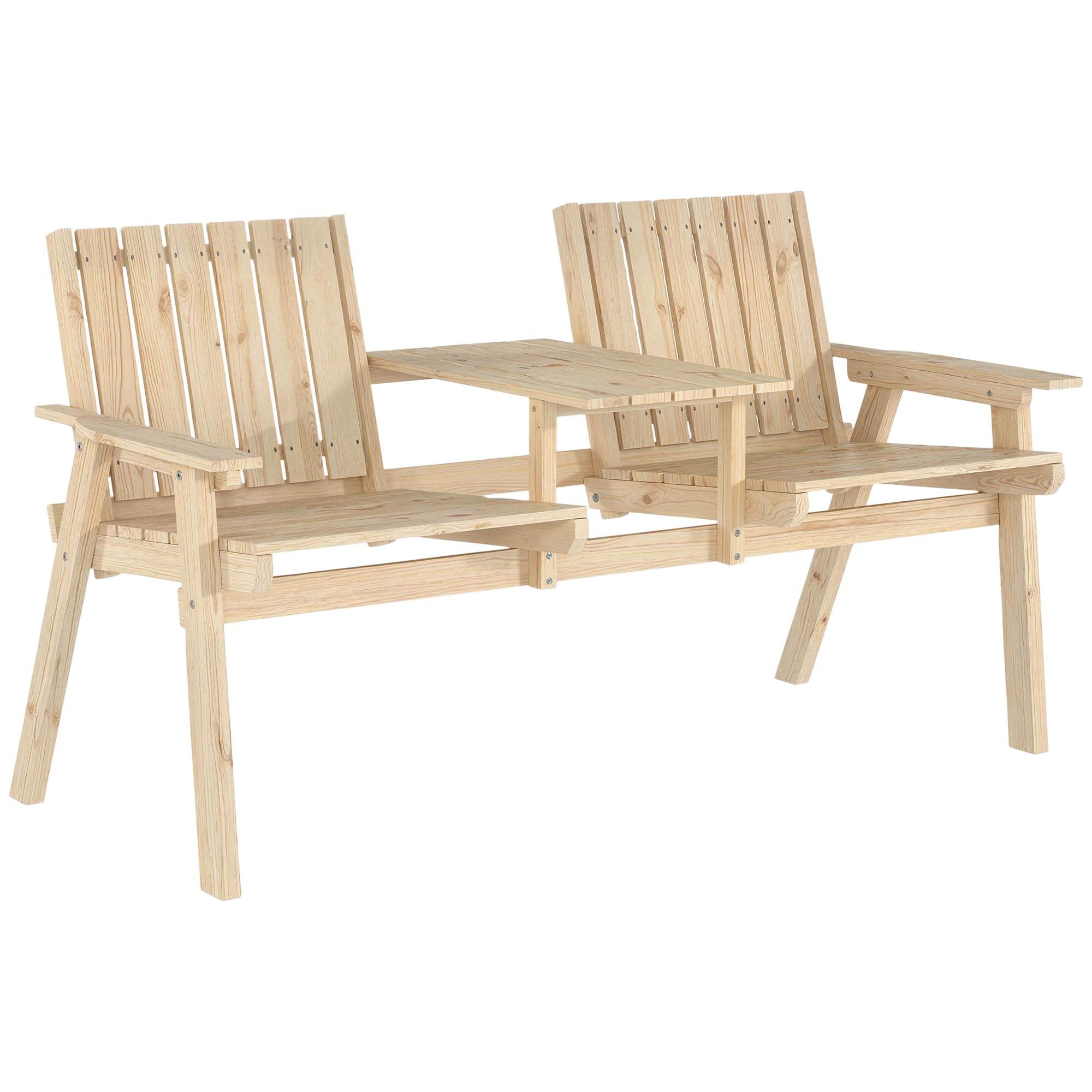 Outsunny Wooden Garden Loveseat, 2-Seater Garden Chair with Table & Parasol Hole, Outdoor Bench for Porch, Patio, Natural Wood Finish