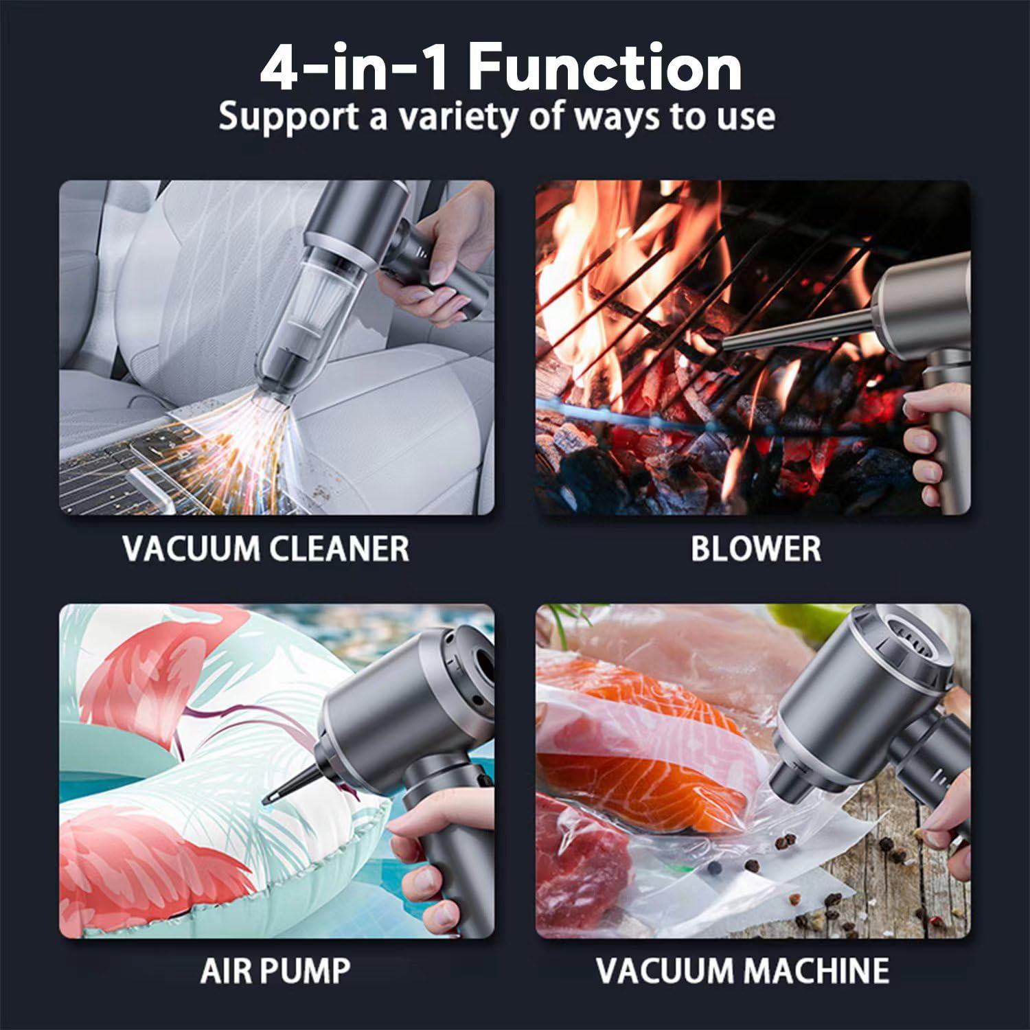 Car Vacuum Cleaner, 25000PA Mini Handheld Vacuum Cleaner, 4-in-1 Compressed Air Duster & Air Blower & Pump Hand Held Vacuum with Brushless Motor for Car, Home, Office,Camping — view 6