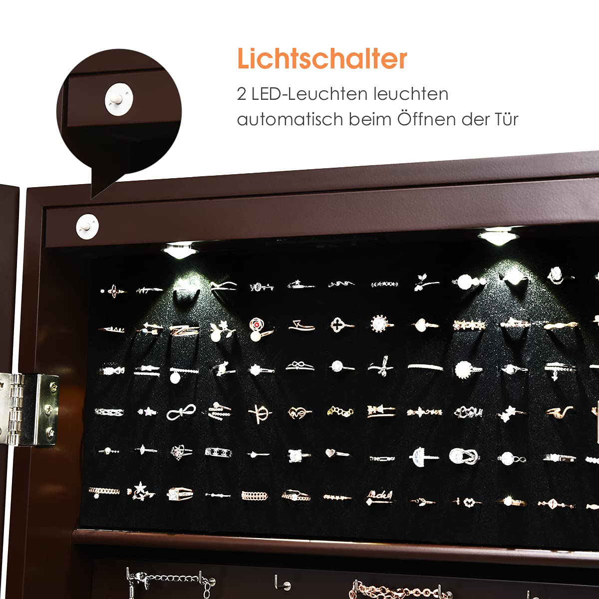 COSTWAY Schmuckschrank hängend, 2 in 1 Spiegelschrank mit LED Leuchten & 2 Schubladen, Hängeschrank abschließbar, Wandschrank Schmuck Organizer zur Wand-/Türmontage (Braun)