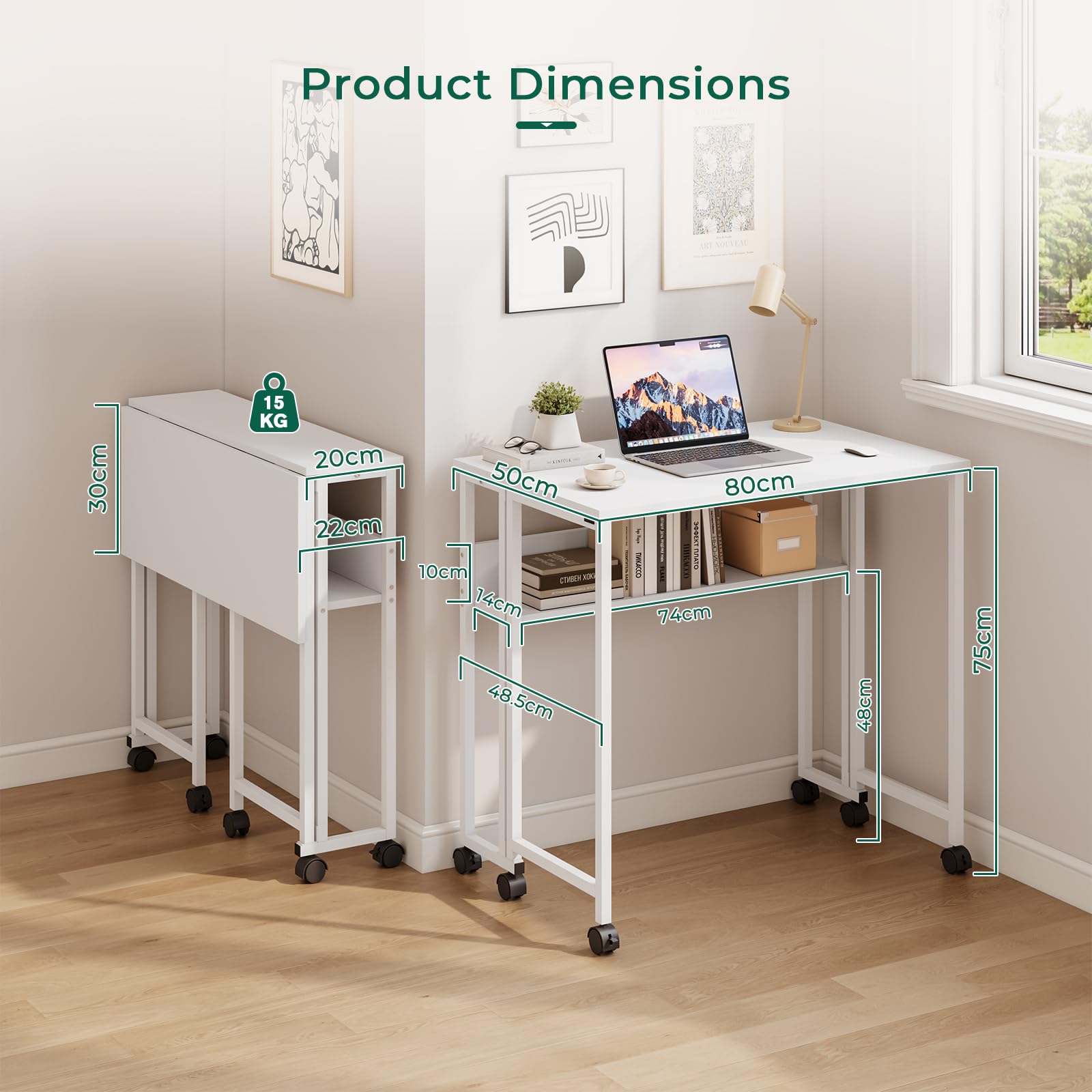 Dripex Klapptisch mit Rollen 80x50 cm, Platzsparender Klappschreibtisch Computertisch Faltbar Tisch mit Stauraum, Schreibtisch Klappbar für Homeoffice Arbeitszimmer, Weiß