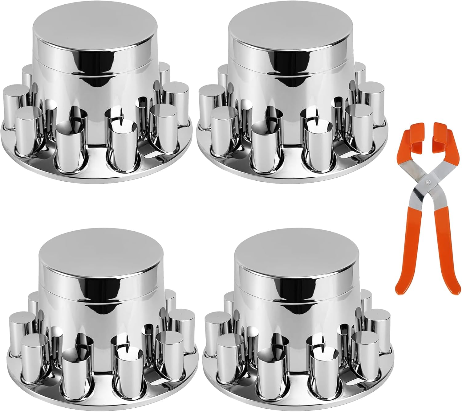 Rear 4 Chrome Flat Top Axle Wheel Cover Combo Kit ABS Plastic Removable Wheel Hub Caps with 33mm Thread-On Cylinder Lug Nut Covers for Semi Trucks (Rear 4)