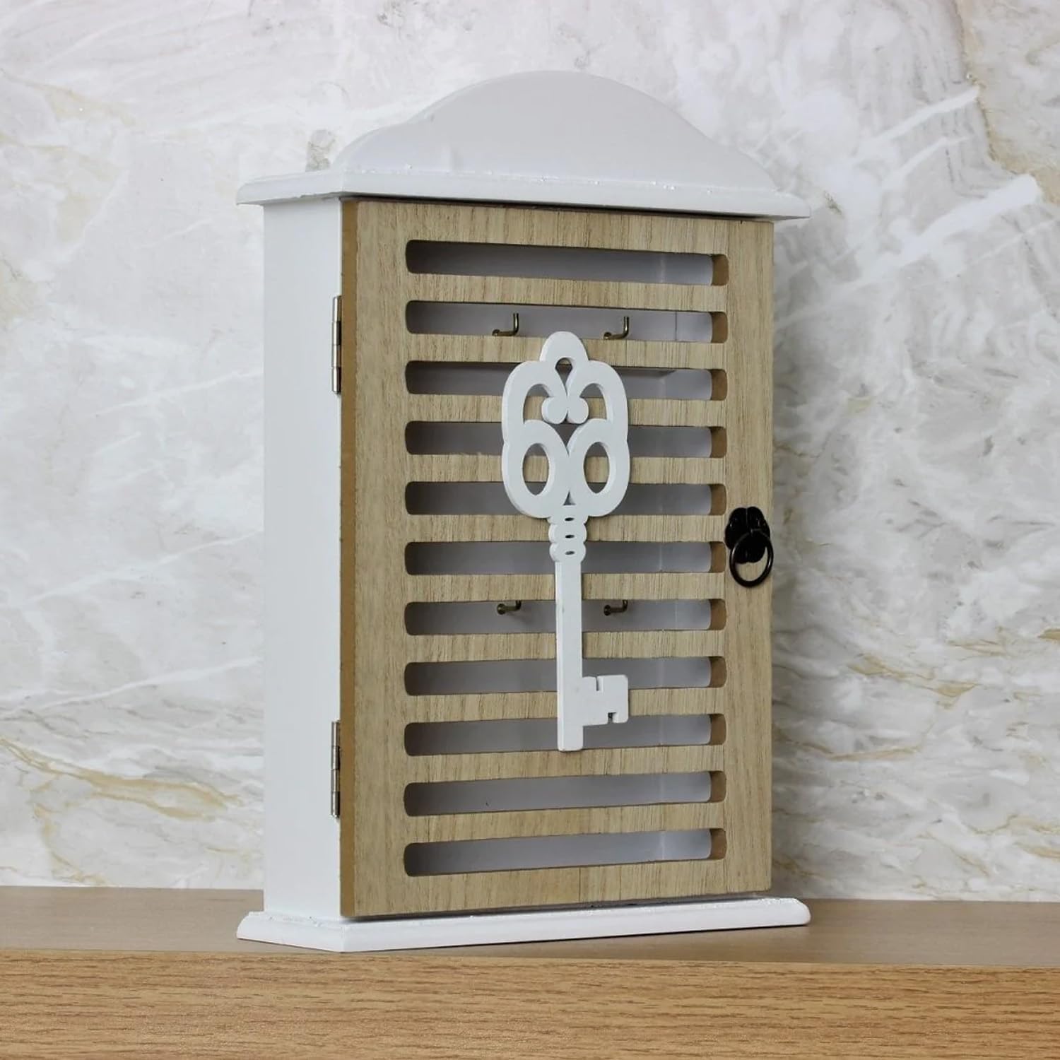 Avilia Cassetta Appendibile Portachiavi con Decorazione Chiave - Armadietto per Chiavi Design Retrò in Legno, Marrone e Bianco, 6x19x28.5cm: Organizzazione Elegante e Sicura
