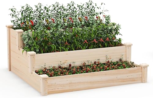 Miniatura 10 de Giantex Cama de jardín elevada, kit de maceta de madera de 49 x 49 x 10 pulgadas con contenedor de abono y parte inferior abierta para verduras,