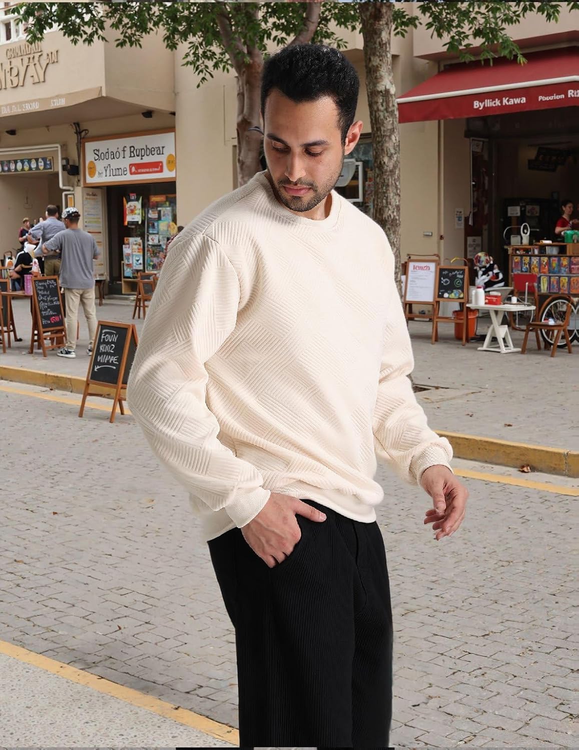 Men's Crewneck Pullover Sweatshirt Soild Color Geometric Texture Crewneck Sweatshirts