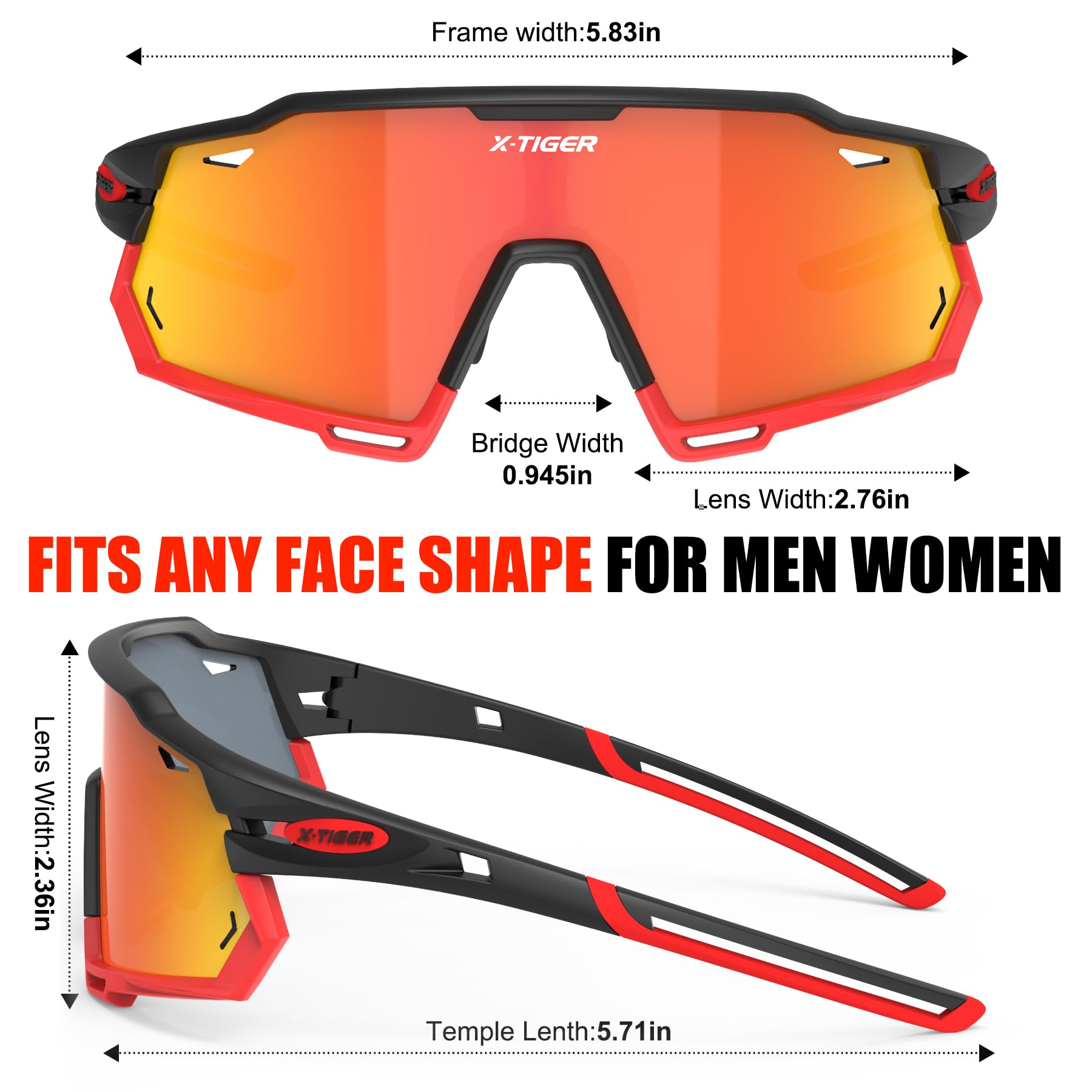 X-TIGER Lunettes de Cyclisme Lunettes de VTT Homme, Lunettes de Vélo avec 5 Lentilles Interchangeables Protection UV400, Montures TR90 résistantes au Stress, Pour Pêche Conduite Running Bicyclettes