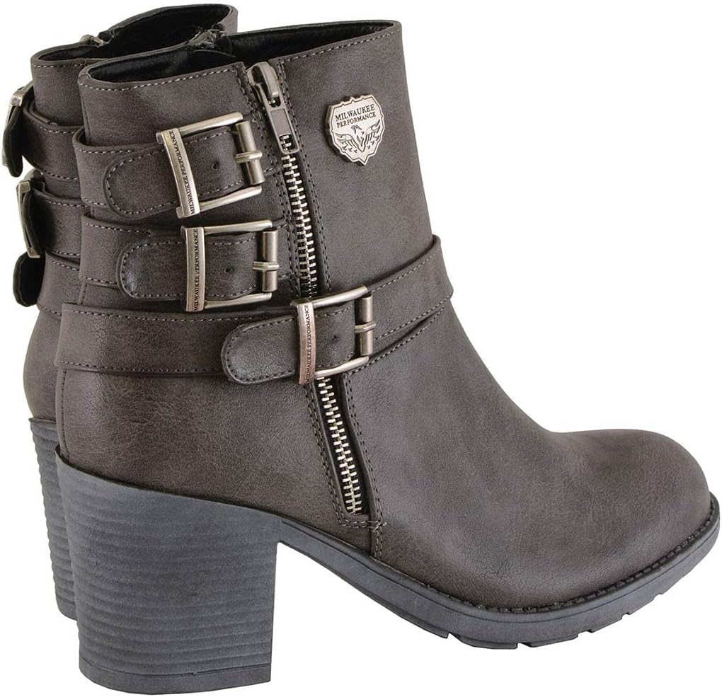 Milwaukee Leather MBL9406 Women's Stone Grey 3-Buckle Leather Boots with Platform Heel