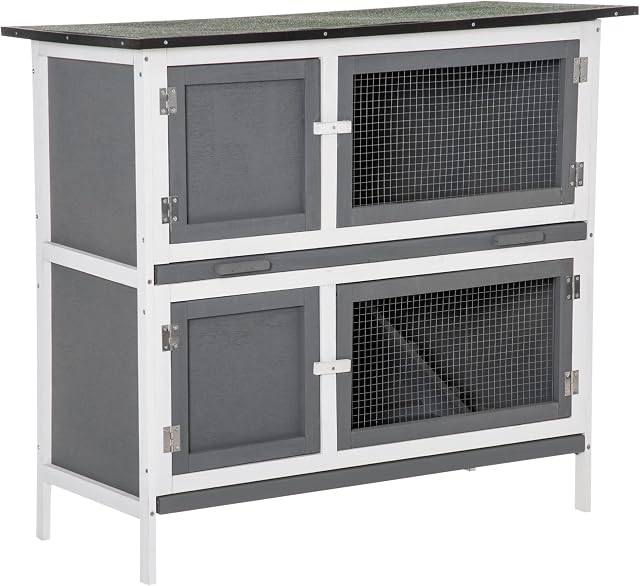 PawHut Double Decker Rabbit Hutch 2 Tier Guinea Pig House Pet Cage Outdoor with Sliding-out Tray Asphalt Roof Ramp, 100x47x91cm, Grey