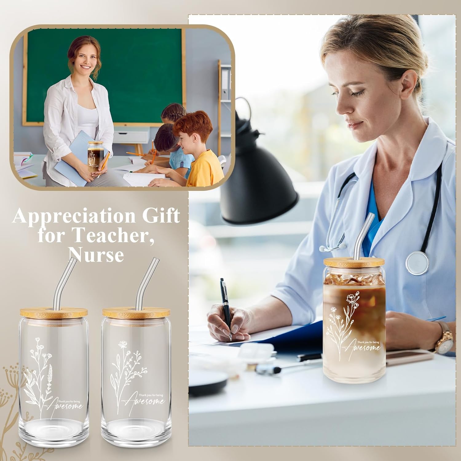 Employee Appreciation Gifts Bulk Inspirational Thank You Gifts 16 oz Glass Cups with Lids Straws Favors for Volunteer Dispatcher Administrative Professional Day Nurse(Classic Color,20 Pcs)