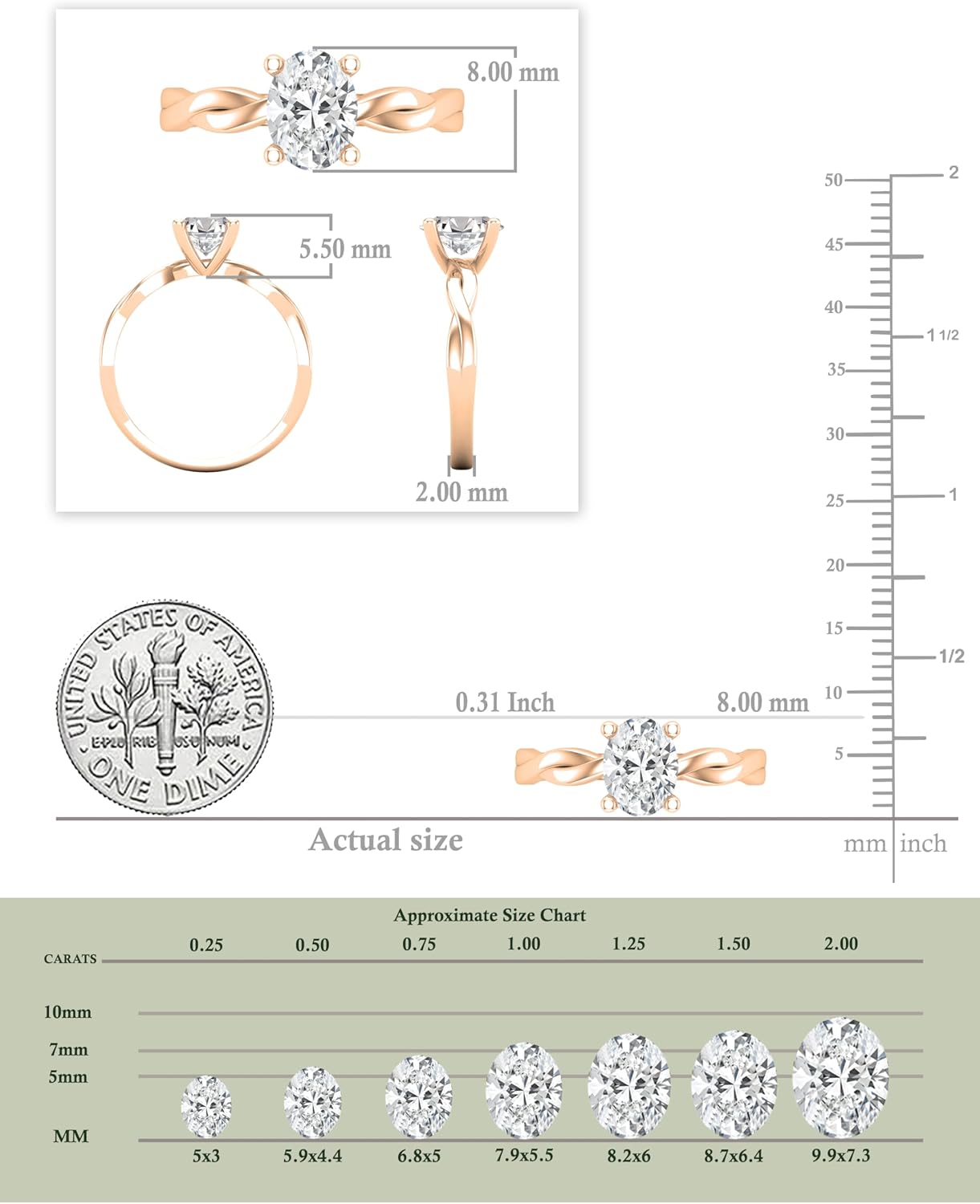 IGI Certified 1.25 Carat Oval Lab Grown White Diamond Twisted Solitaire Engagement Ring for Women in 10K Solid White Gold