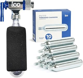 ICO co2 Bike tire inflator Sets with CO2 Inflator and 10pcs of 25g Threaded CO2 Cartridges, for Both Presta and Schrader Valves, CO2 Bike Pump for MTB & Road Bikes and CO2 Cartridges Food Grade