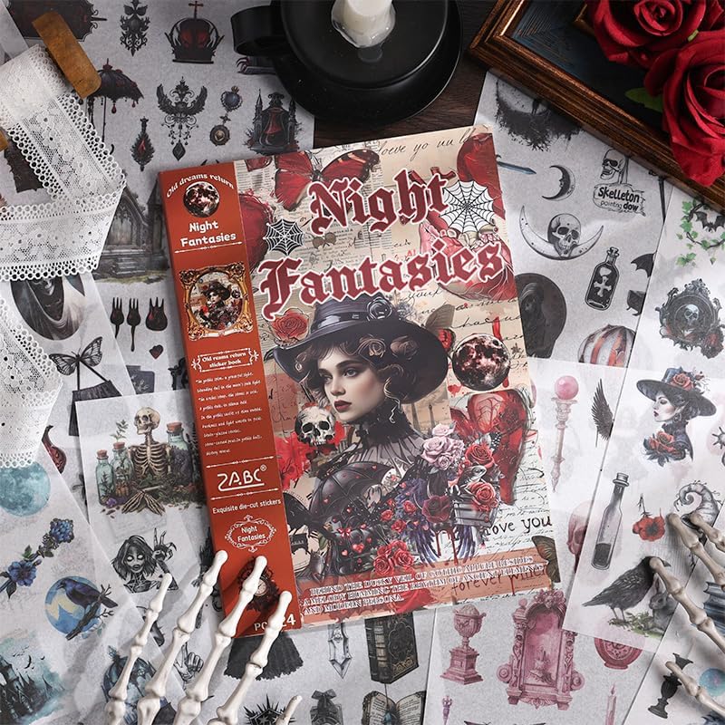 Bomichi 4 Different Goth Themes Sticker Pad,Vintage and Goth Aesthetic Washi Stickers Book, Die-Cut Sticker Book for Phone Scrapbook Junk Journal Collage DIY Crafts