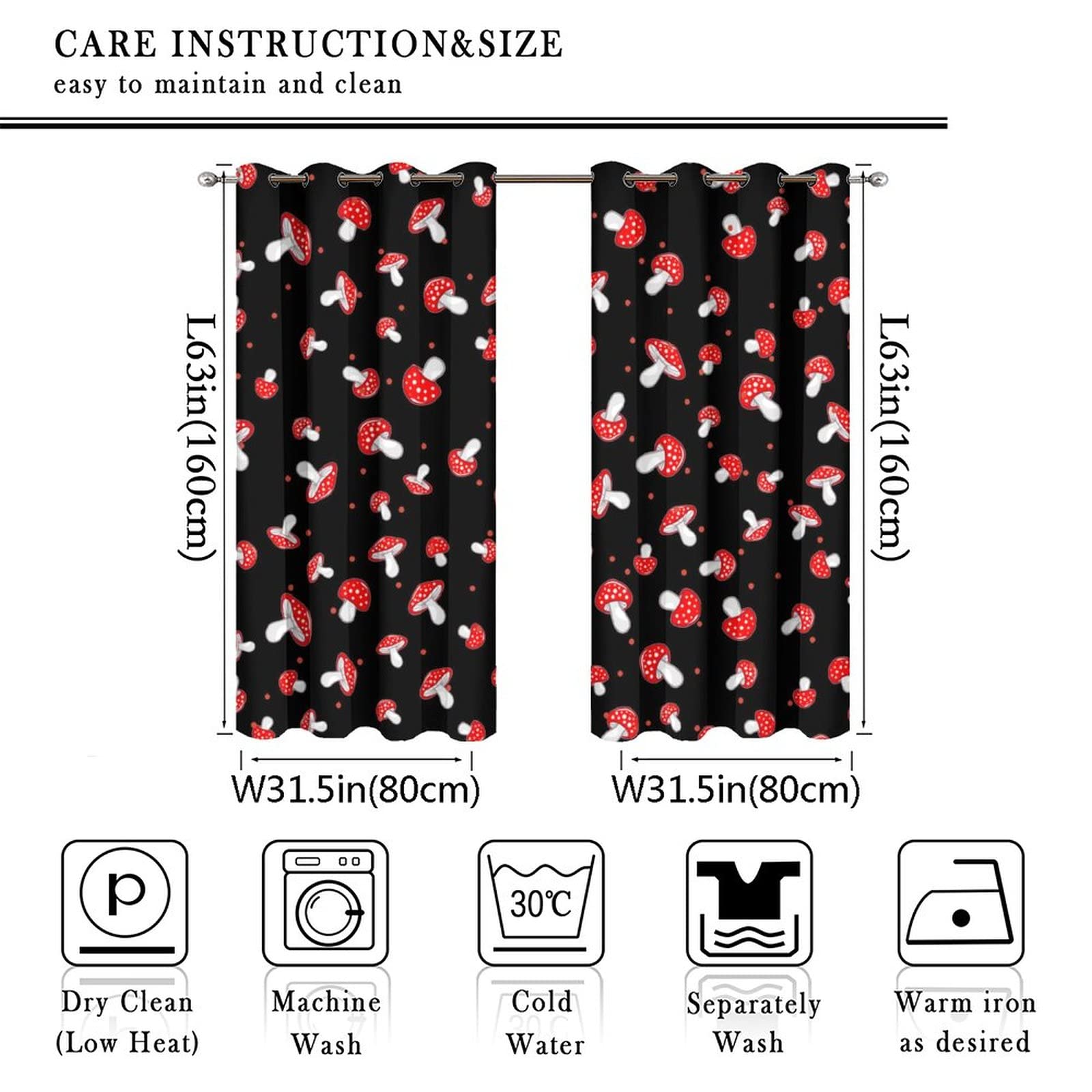 Kazynee Kids Cute Mushroom Ultra Soft Premier Blackout Curtains,Cartoon Red Mushrooms Shaped Wild PlantThermal Insulated Bedroom Noise Reducing Patio Door Grommet Top,2 Panels 63L x 31.5W