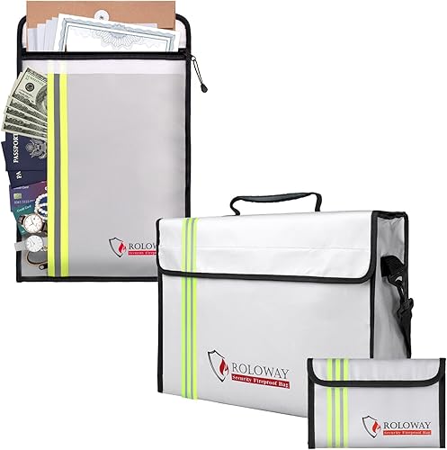 ROLOWAY Juego de bolsas ignífugas con tira reflectante (plata) y bolsa de documentos ignífuga con 2 bolsillos (plateado)
