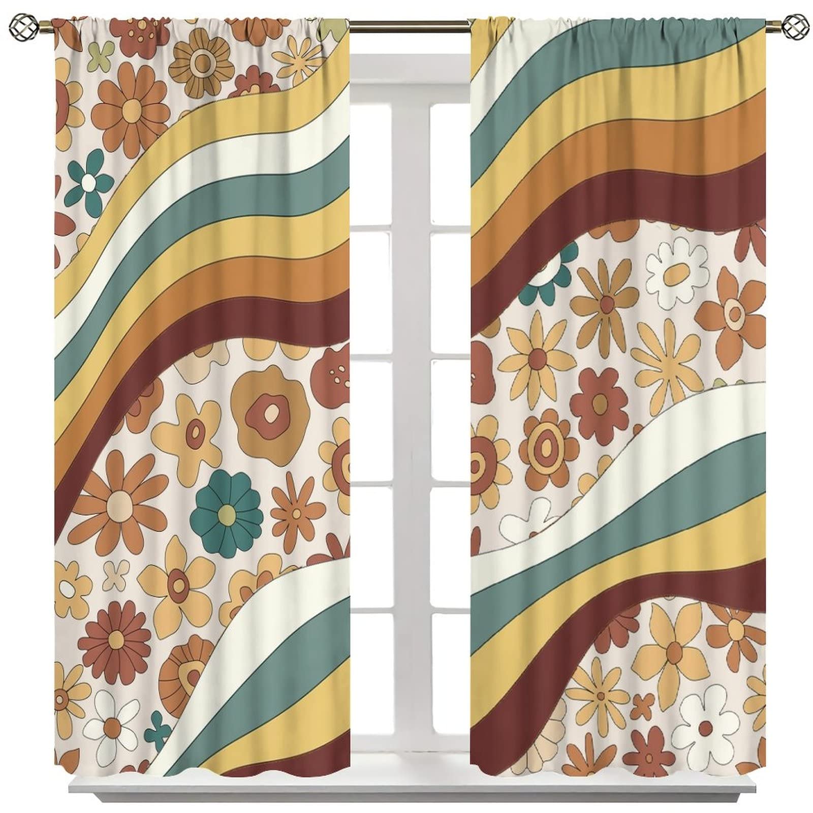 Cortina opaca floral retro Bobo, estilo abstracto de los años 70 y 80, diseño de flores de arco iris, para sala de estar, dormitorio, decoración del hogar, 63 x 63 pulgadas