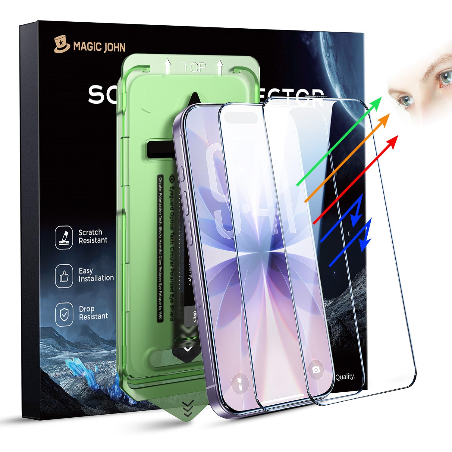 Photo 1 of *** 1 PACK *** MAGIC JOHN 2 PACK for iPhone 17(6.3") Eye Protection Screen Protector, HD Clear, Auto Dust-Elimination, 9H Tempered Glass & Scratch Resistance, Full Edge Coverage