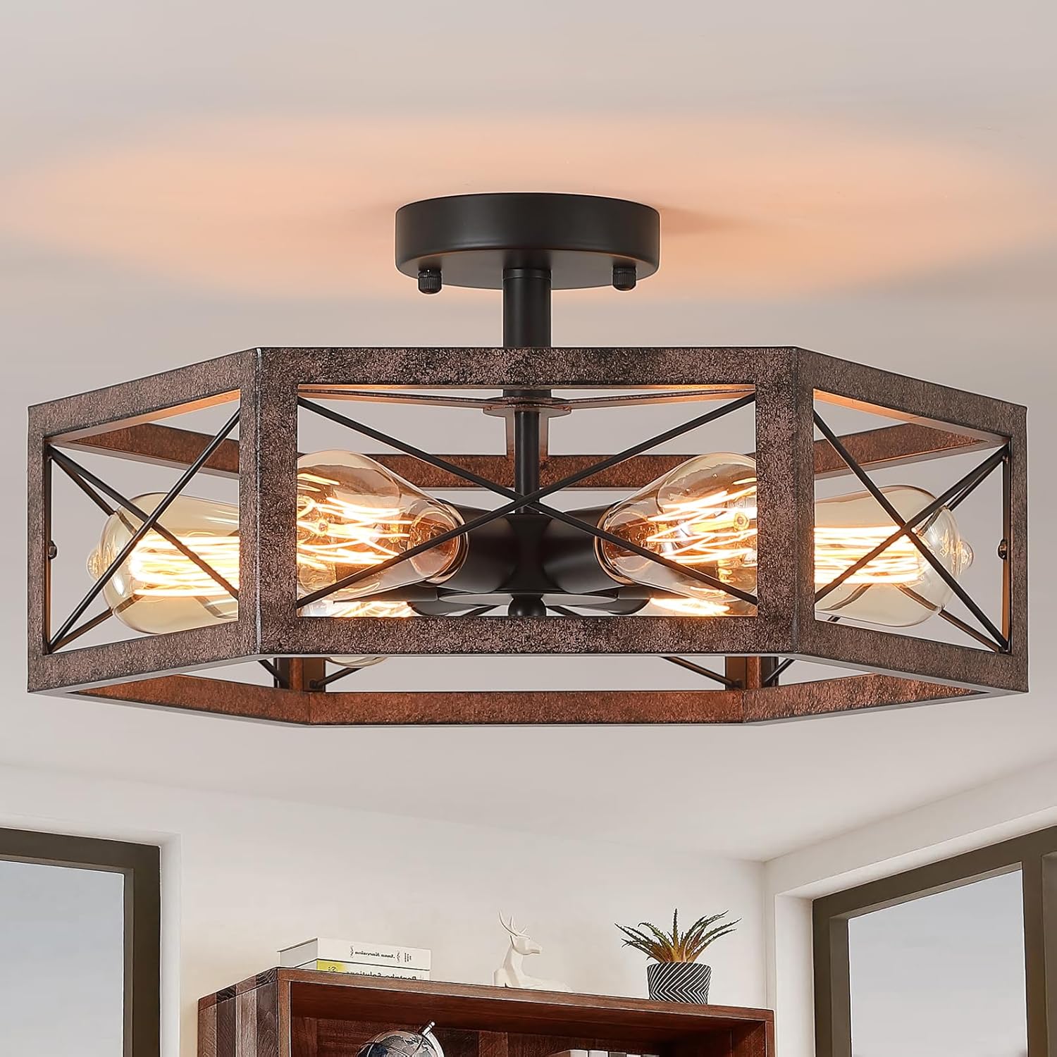 3-Light Rustic Farmhouse Metal Flush Mount Ceiling Light Fixture 14.5 inch Antique Oak Hexagon Cage Semi Flush Mount Ceiling Light for Hallway Hall Entry Bedroom Kitchen Farmhouse, Black