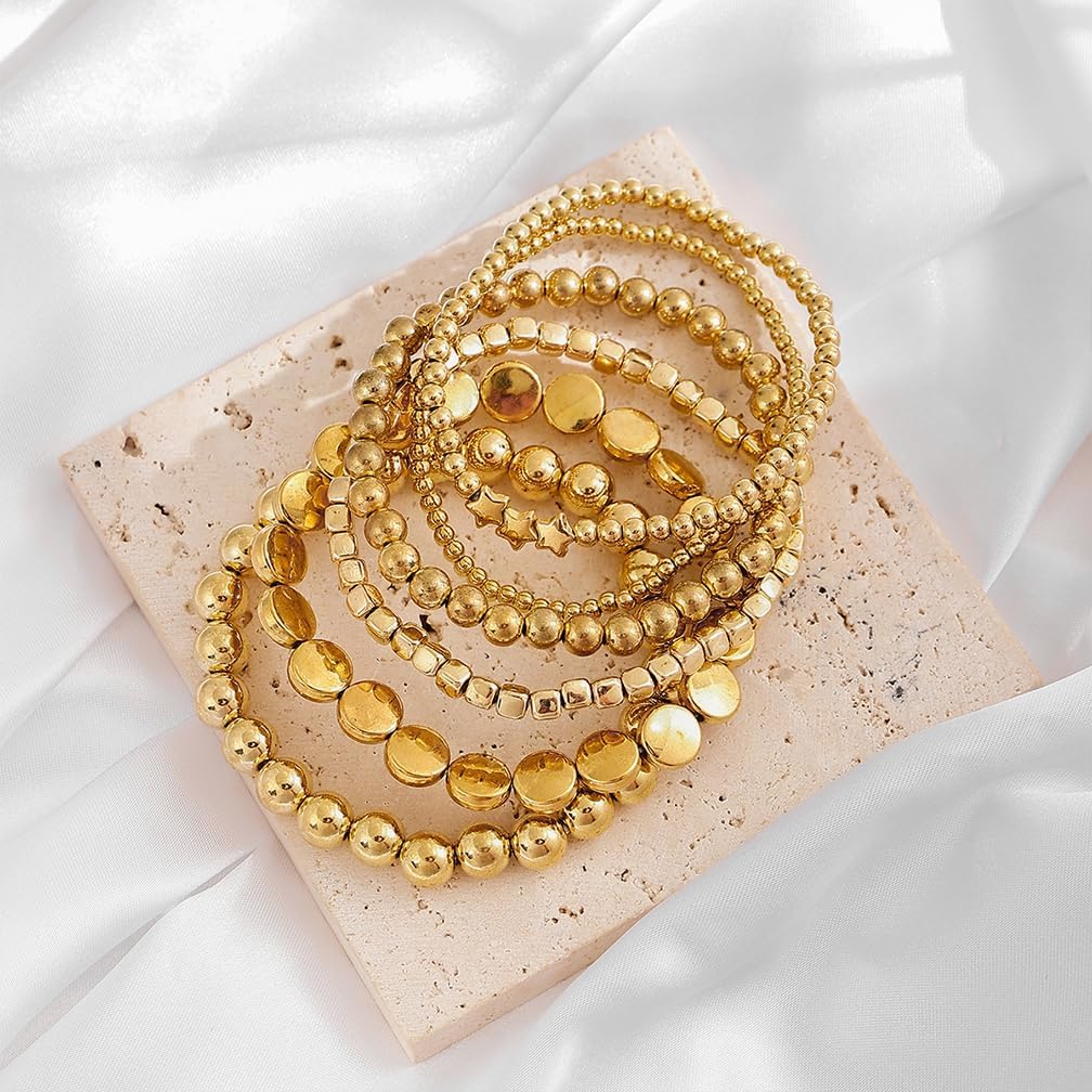 6Pcs Gold Star Balls Beaded Bracelets Set for Women Fashion Stackable Stretch Round Bead Bangles Coin Statement Bracelet Vintage Hippie Elastic Jewelry - Image 7