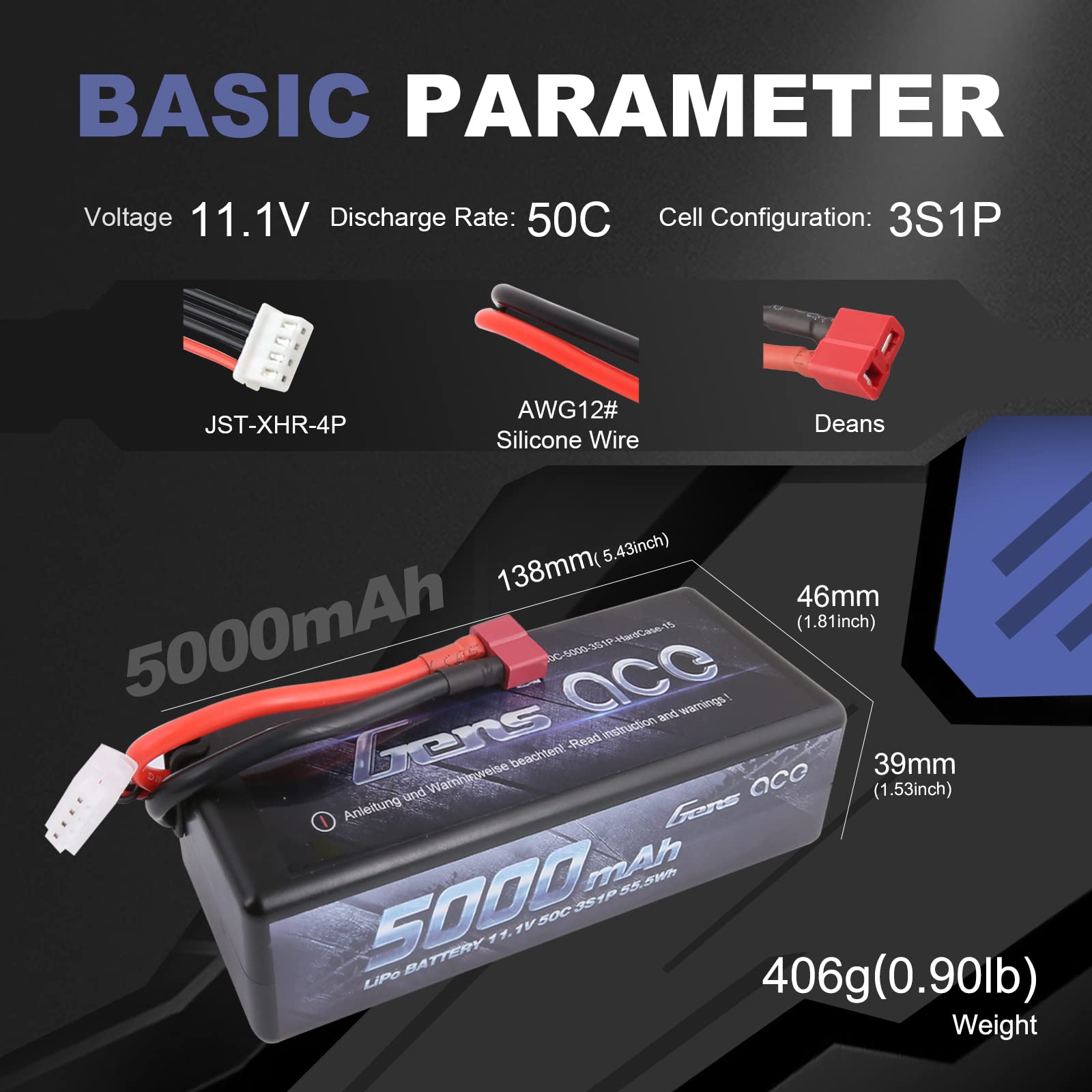 Gens Ace 3S 5000mAh LiPo Akku 11.1V 60C mit EC5 Stecker Bashing Batterie für RC Auto, RC Flugzeug, RC Hubschrauber, RC Hobby