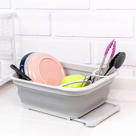 SAMMART Collapsible Dish Drainer with Drainer Board - Foldable Drying Rack Set - Portable Dinnerware Organizer - Space Saving Kitchen Storage Tray (Grey)