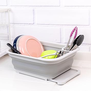 SAMMART Collapsible Dish Drainer with Drainer Board - Foldable Drying Rack Set - Portable Dinnerware Organizer - Space Saving Kitchen Storage Tray (Grey)