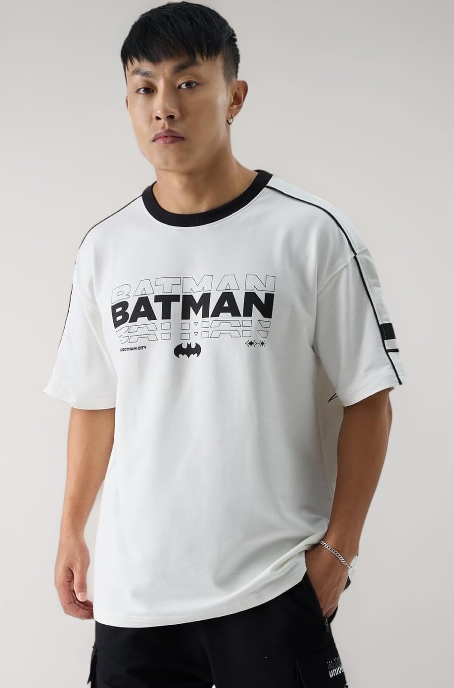 The Souled Store Official Batman: Gotham Guardian Mens and Boys Oversized fit Graphic Printed Half Sleeve Cotton White Color Mens Oversized T-Shirts (225347)