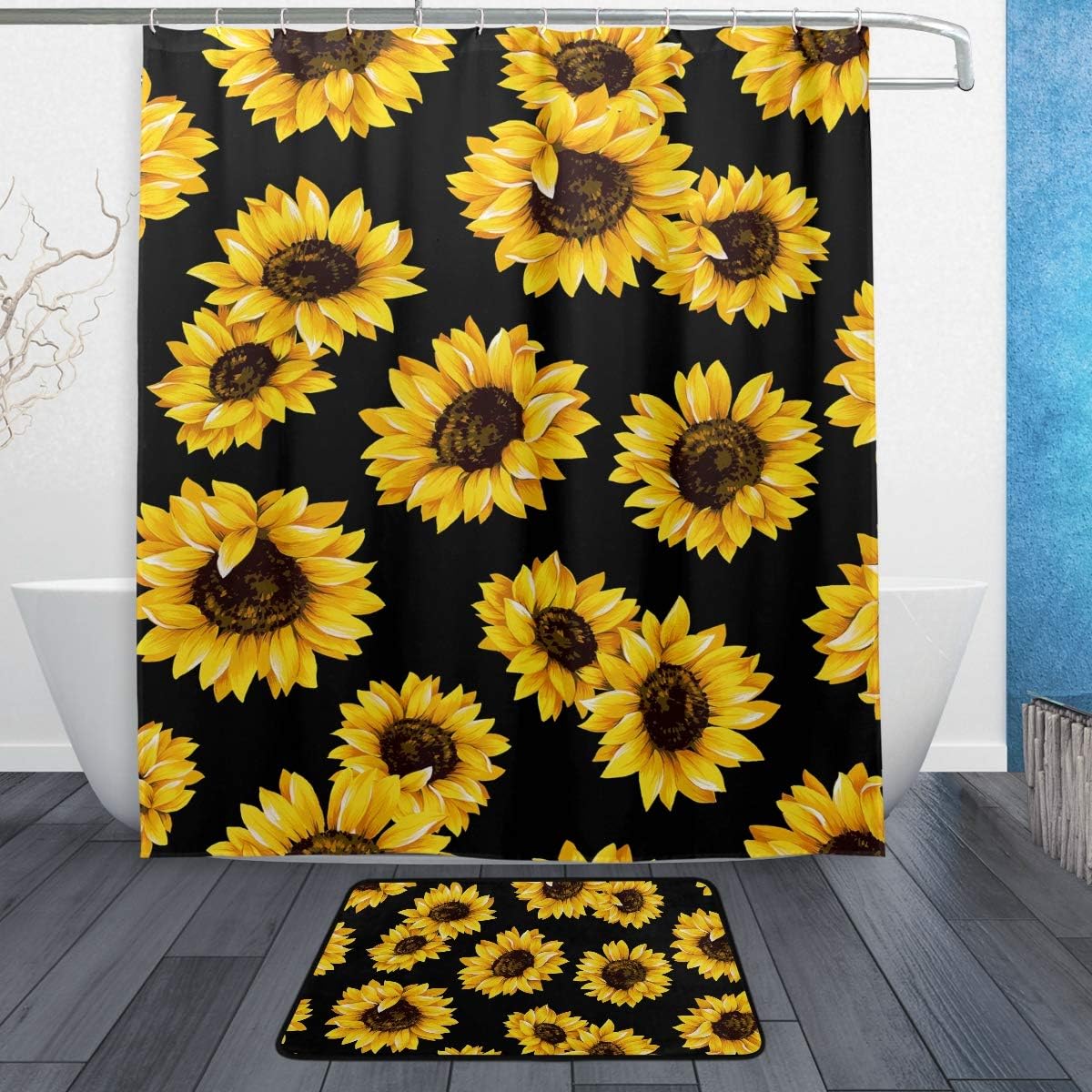 Qilmy Sunflower Shower Curtain Set with Non Slip Rug Polyester Fabric Bathroom Shower Curtain with 12 Hooks, 60 x 72 Inch