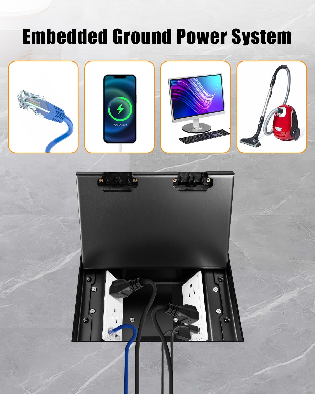 Recessed Flat Hidden Socket Kit with 4 * 15A AC Receptacle, 2* RJ45 Datacom Receptacle + 2 * 5V 1.5A USB-A & USB-C Ports, Heavy-Duty Recessed Floor Outlet Kit with Cover Plate, Metal Connectivity Box