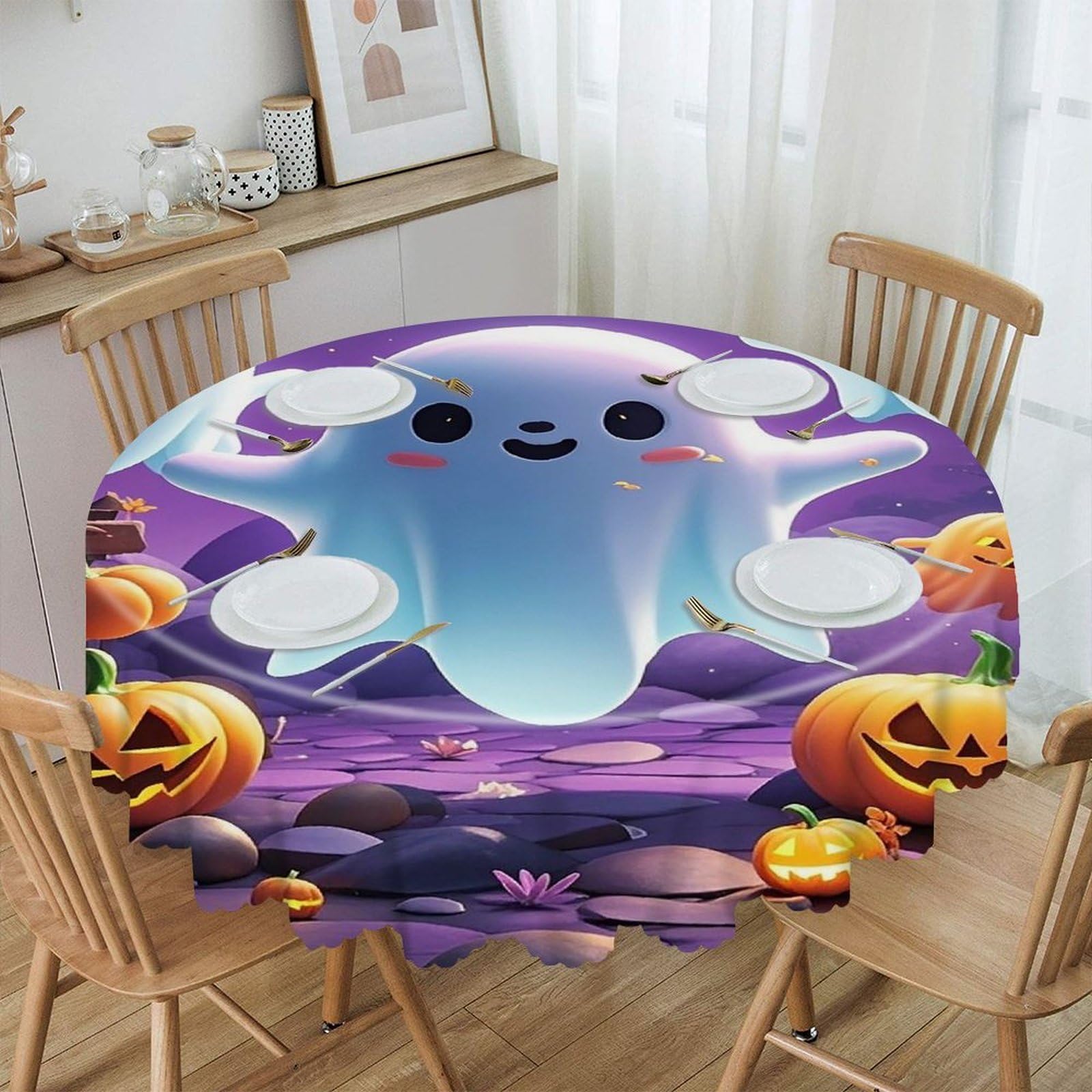 FekiLoot Ghost Pumpkin Round Tablecloth 60 Inch Waterproof Heavy Duty Table Cloth Spillproof Washable Table Cover Wrinkle Resistant Tablecloths Decorative Table Cloths
